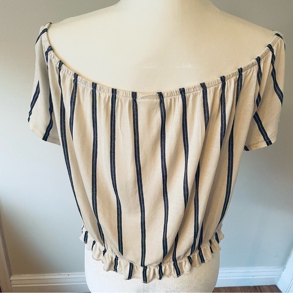 VINTAGE On/Off Shoulder Off White Top - Black Strip - Waist Elastic - Size L - Picture 5 of 11